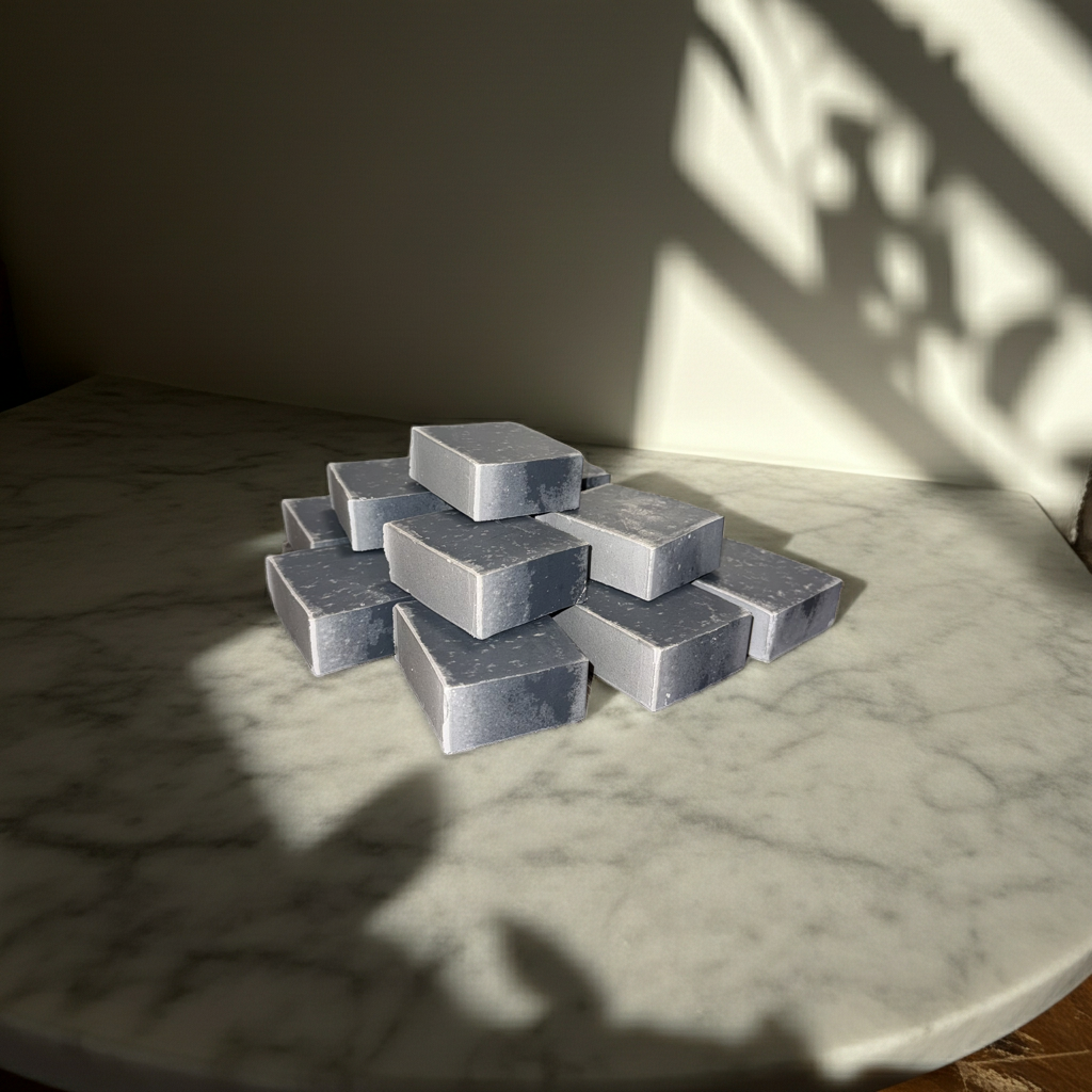 Stack of gray soap bars on a marble surface with sunlight casting shadows.