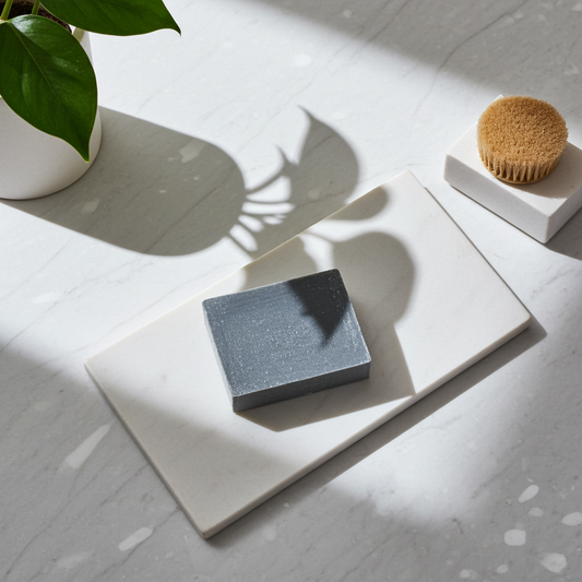 Gray soap bar on a white square plate with a plant in the background