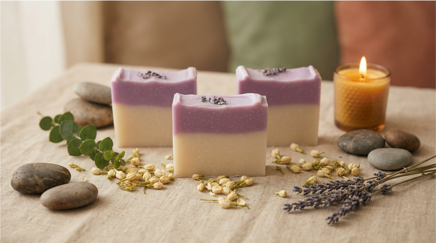 Three bars of soap with a purple top and white base, surrounded by lavender flowers, stones, and a candle on a textured surface.