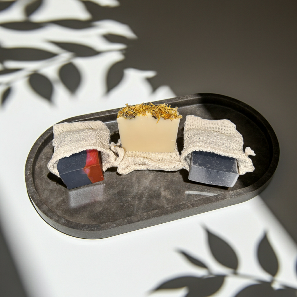 Four soaps in different colors on a black tray with a natural background