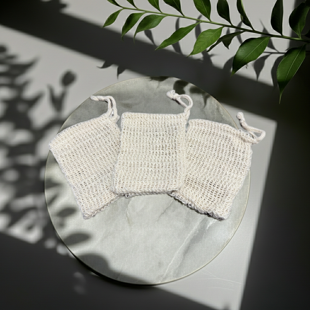 Two white crochet tops on a round marble surface with leaf shadows.
