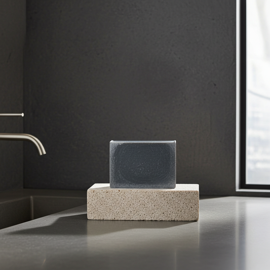 Bar of soap on a stone block with a dark wall and window in the background